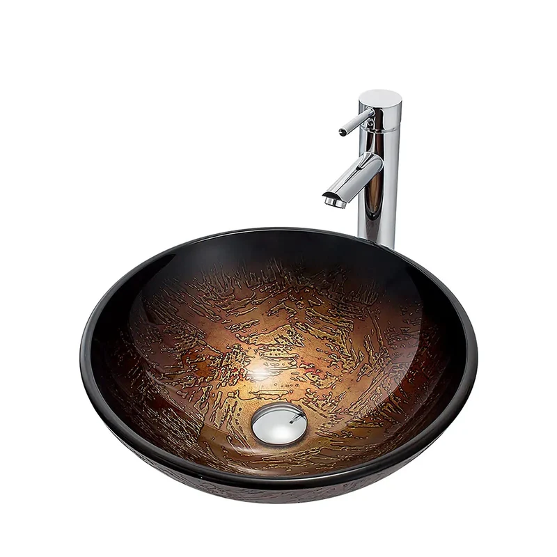 Slick Brown Round Vessel Sink With Solid Brass Chrome Faucet And Drain Combo Tempered Glass Countertop Bowl For Contemporary Bathrooms Rock Solid Construction No Sweat Setup And Pro Grade Durability Daily