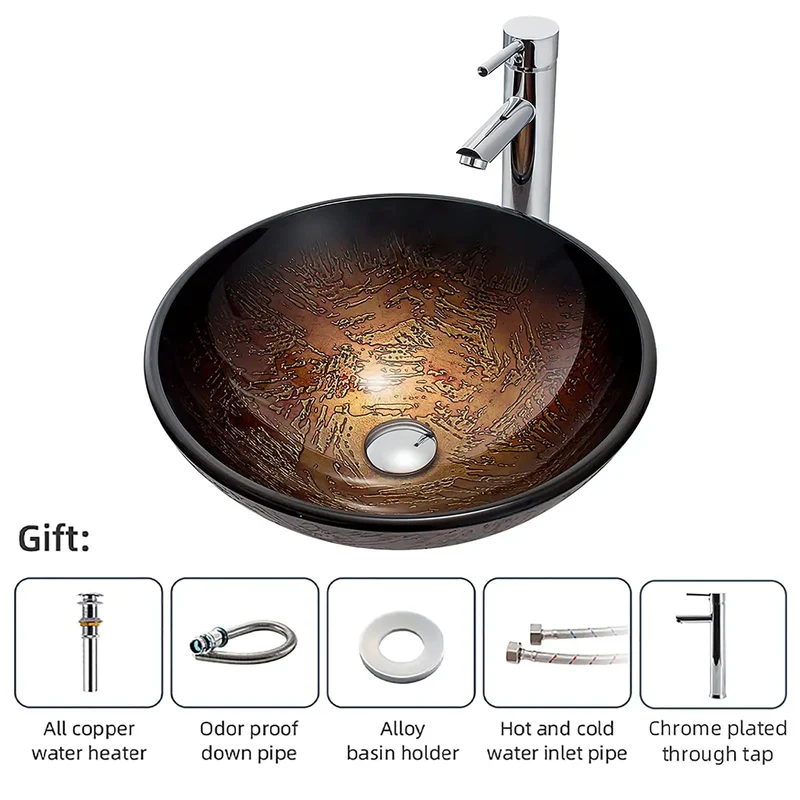 Slick Brown Round Vessel Sink With Solid Brass Chrome Faucet And Drain Combo Tempered Glass Countertop Bowl For Contemporary Bathrooms Rock Solid Construction No Sweat Setup And Pro Grade Durability Daily