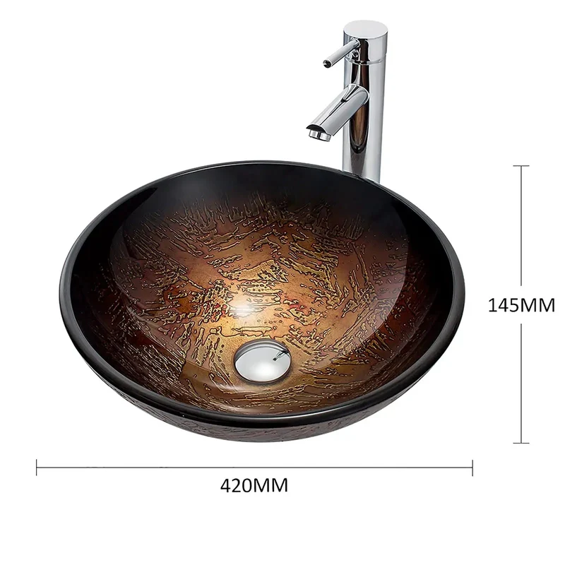 Slick Brown Round Vessel Sink With Solid Brass Chrome Faucet And Drain Combo Tempered Glass Countertop Bowl For Contemporary Bathrooms Rock Solid Construction No Sweat Setup And Pro Grade Durability Daily