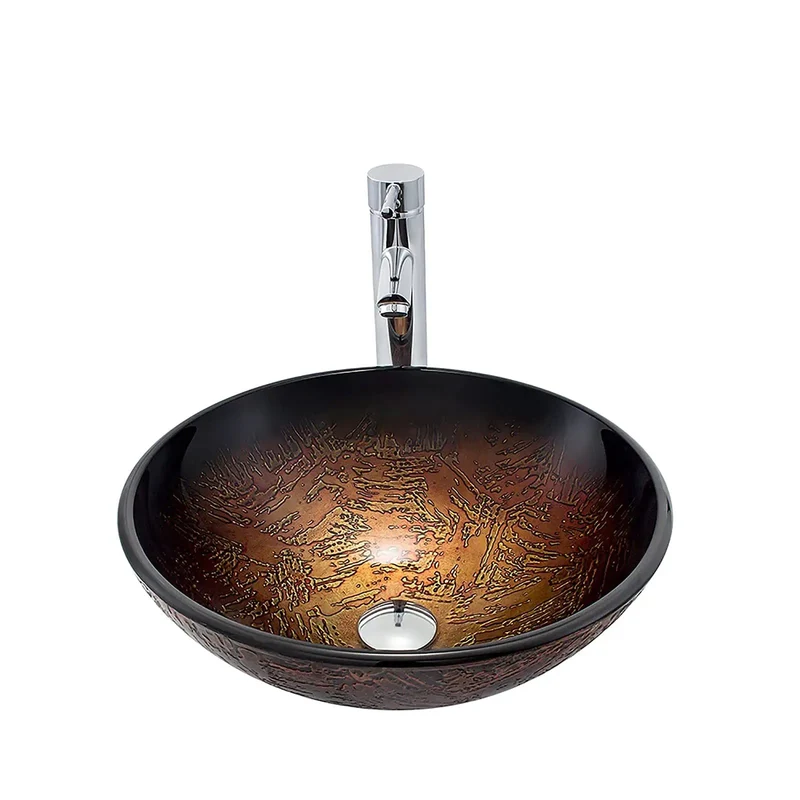 Slick Brown Round Vessel Sink With Solid Brass Chrome Faucet And Drain Combo Tempered Glass Countertop Bowl For Contemporary Bathrooms Rock Solid Construction No Sweat Setup And Pro Grade Durability Daily