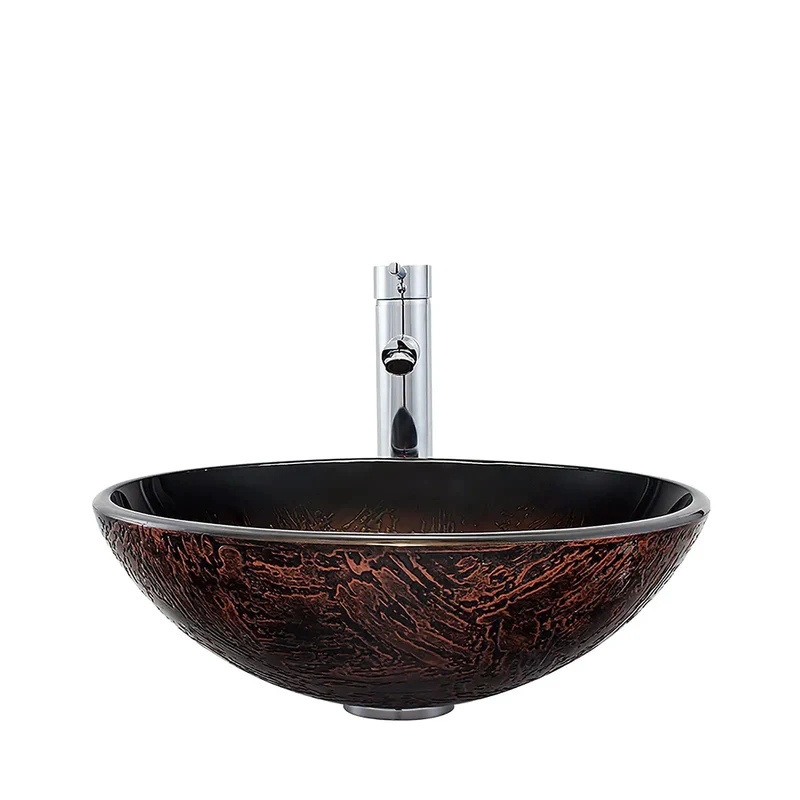 Slick Brown Round Vessel Sink With Solid Brass Chrome Faucet And Drain Combo Tempered Glass Countertop Bowl For Contemporary Bathrooms Rock Solid Construction No Sweat Setup And Pro Grade Durability Daily