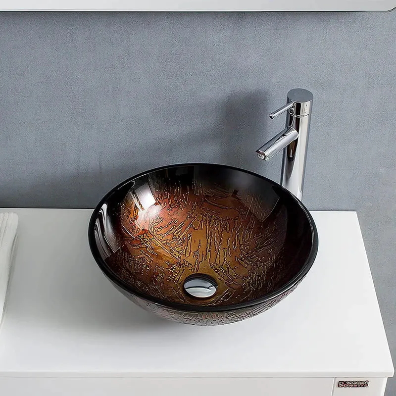 Slick Brown Round Vessel Sink With Solid Brass Chrome Faucet And Drain Combo Tempered Glass Countertop Bowl For Contemporary Bathrooms Rock Solid Construction No Sweat Setup And Pro Grade Durability Daily