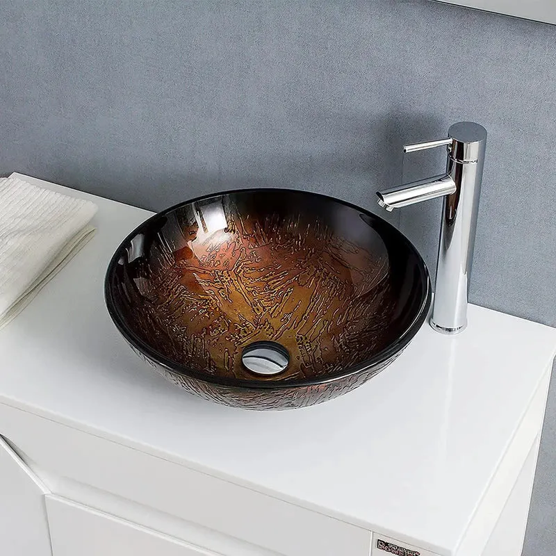 Slick Brown Round Vessel Sink With Solid Brass Chrome Faucet And Drain Combo Tempered Glass Countertop Bowl For Contemporary Bathrooms Rock Solid Construction No Sweat Setup And Pro Grade Durability Daily