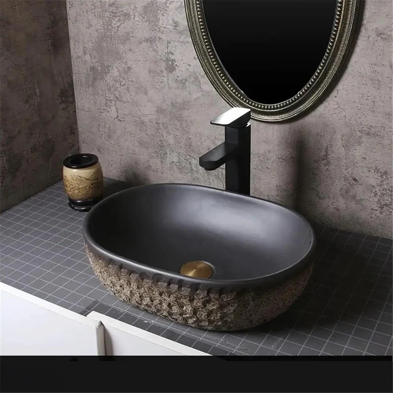 Slick Ceramic Vessel Sink With Imitation Stone Finish And Smooth Oval Basin Perfect For Modern Home Bathroom Or Outdoor Pool Countertop Setup That Delivers Drop Dead Gorgeous Style While Being Hella Easy To Maintain And Built To Last