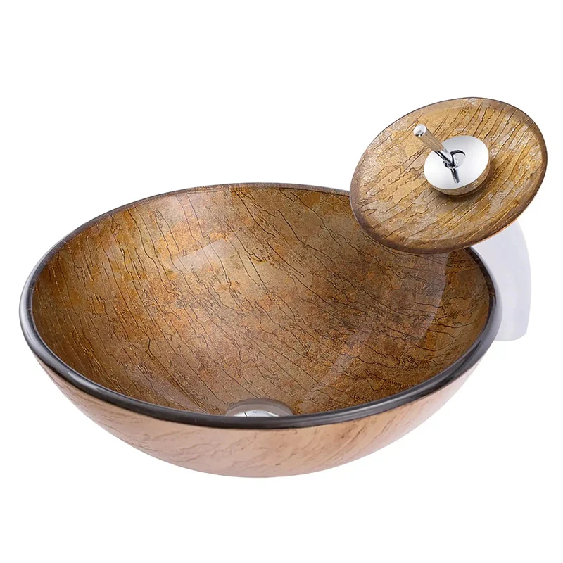 Round Brown Tempered Glass Vessel Sink With Waterfall Faucet And Pop Up Drain For Countertop Bathroom Vanity Above Counter Art Basin Hella Tough Rock Solid Setup