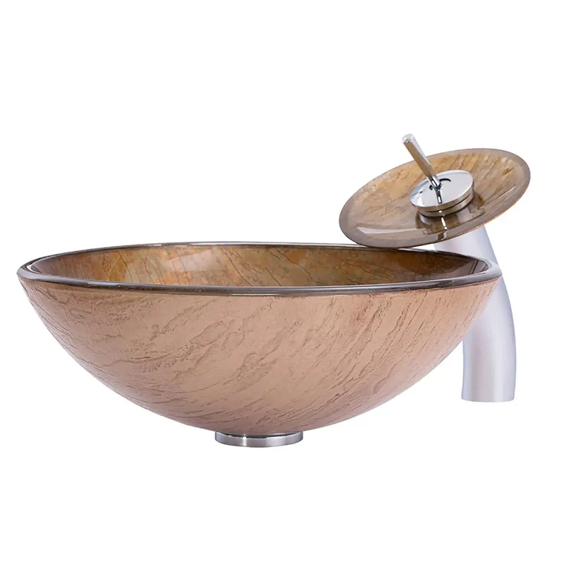 Round Brown Tempered Glass Vessel Sink With Waterfall Faucet And Pop Up Drain For Countertop Bathroom Vanity Above Counter Art Basin Hella Tough Rock Solid Setup