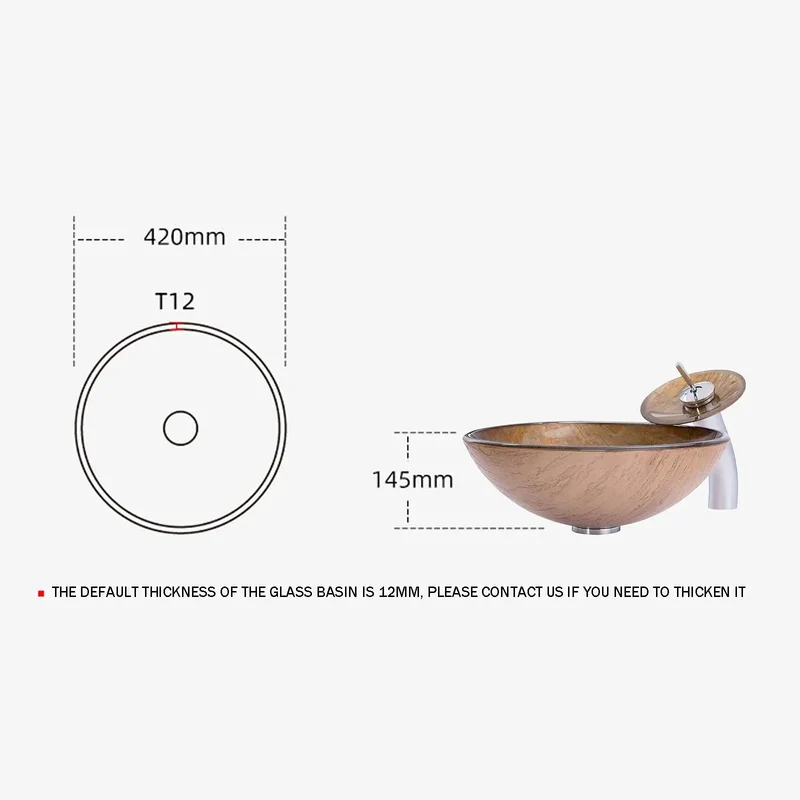 Round Brown Tempered Glass Vessel Sink With Waterfall Faucet And Pop Up Drain For Countertop Bathroom Vanity Above Counter Art Basin Hella Tough Rock Solid Setup