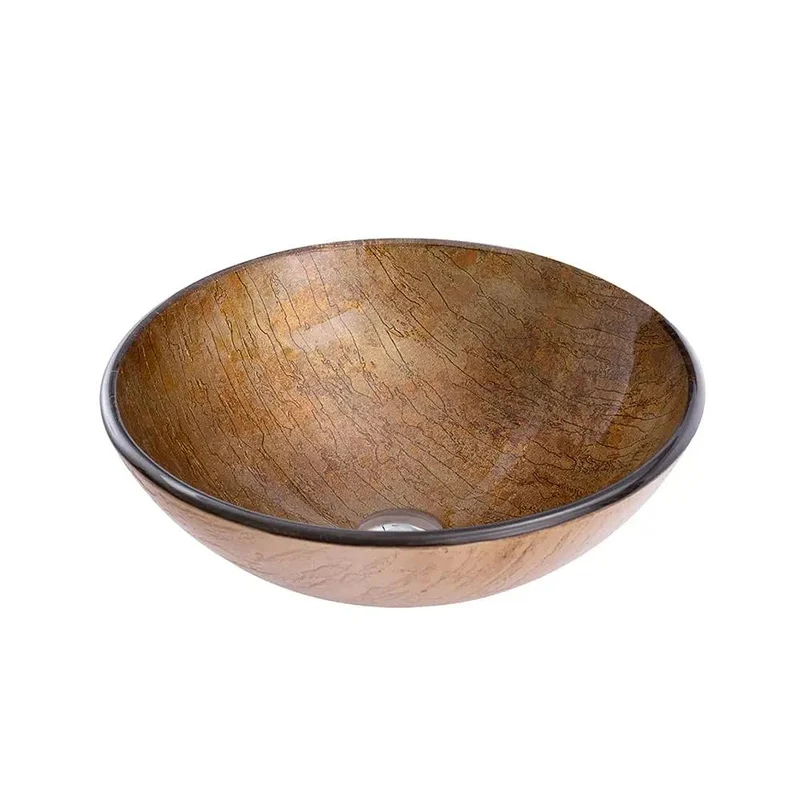 Round Brown Tempered Glass Vessel Sink With Waterfall Faucet And Pop Up Drain For Countertop Bathroom Vanity Above Counter Art Basin Hella Tough Rock Solid Setup