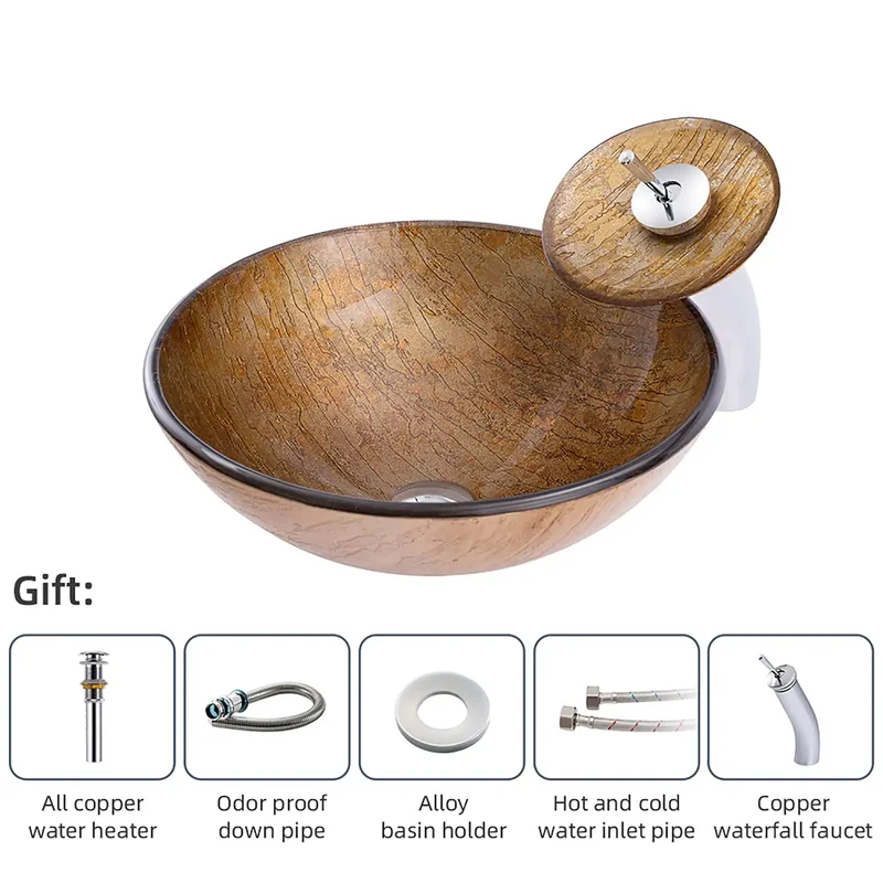 Round Brown Tempered Glass Vessel Sink With Waterfall Faucet And Pop Up Drain For Countertop Bathroom Vanity Above Counter Art Basin Hella Tough Rock Solid Setup