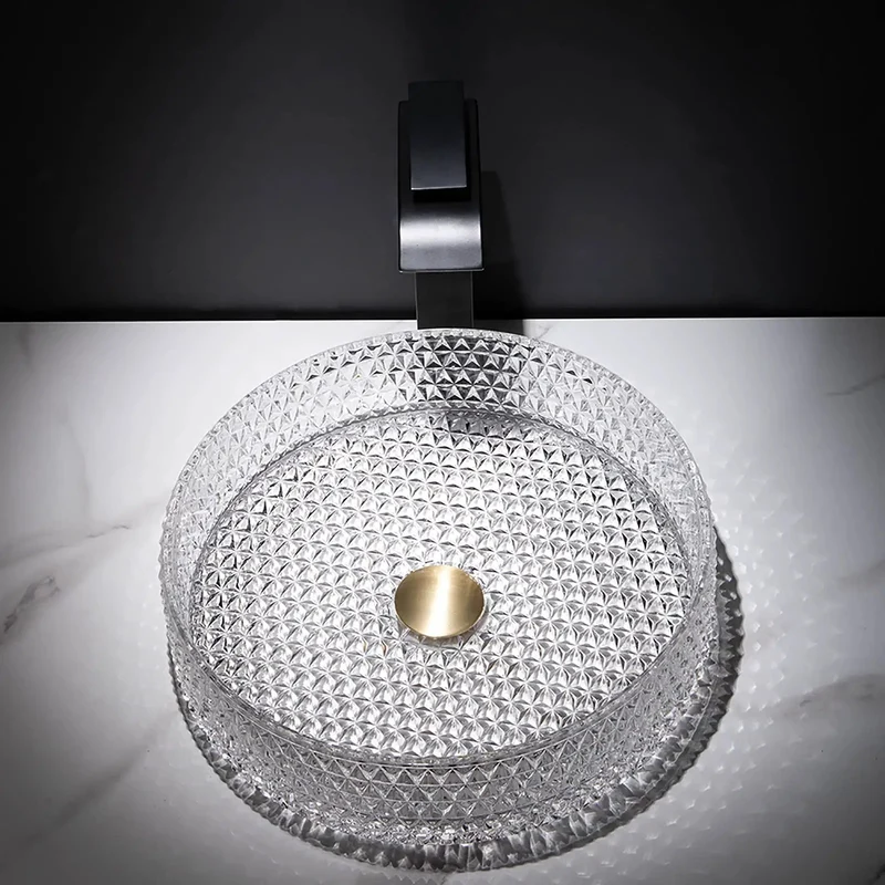 Heavy Duty Clear Tempered Glass Vessel Sink Slick Polished Countertop Bathroom Basin Beefy Above Counter Art Washbowl With Turnkey Faucet And Integrated Pop Up Drain Stopper