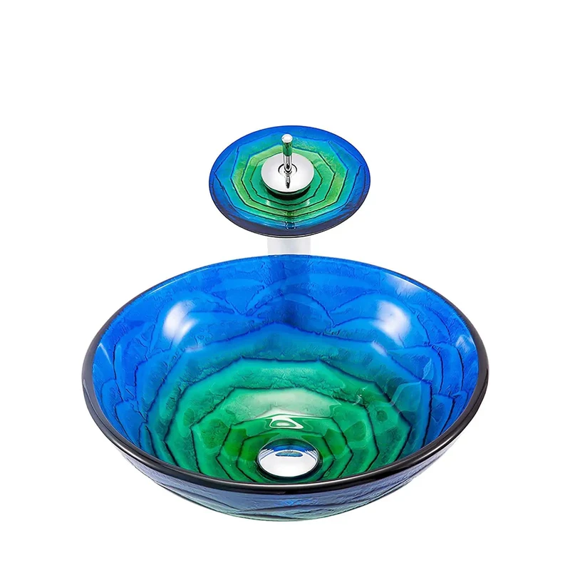 Round Heavy Duty Tempered Glass Vessel Sink With Waterfall Faucet And Pop Up Drain For Above Counter Vanity Total Bathroom Glow Up Built Tough To Handle Daily Hustle Serious Home Upgrade Staple