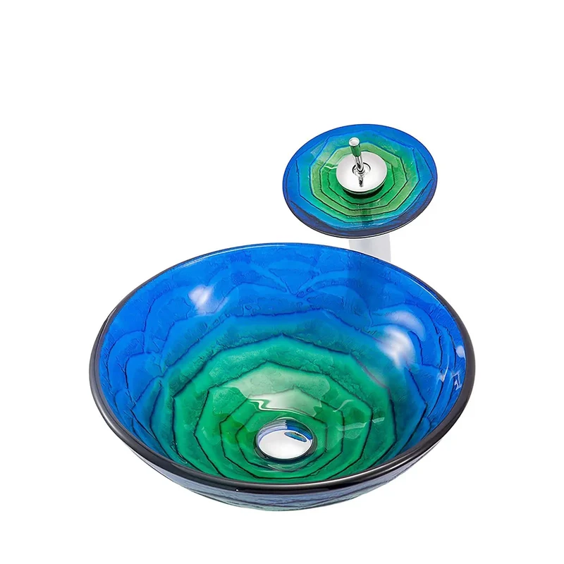 Round Heavy Duty Tempered Glass Vessel Sink With Waterfall Faucet And Pop Up Drain For Above Counter Vanity Total Bathroom Glow Up Built Tough To Handle Daily Hustle Serious Home Upgrade Staple