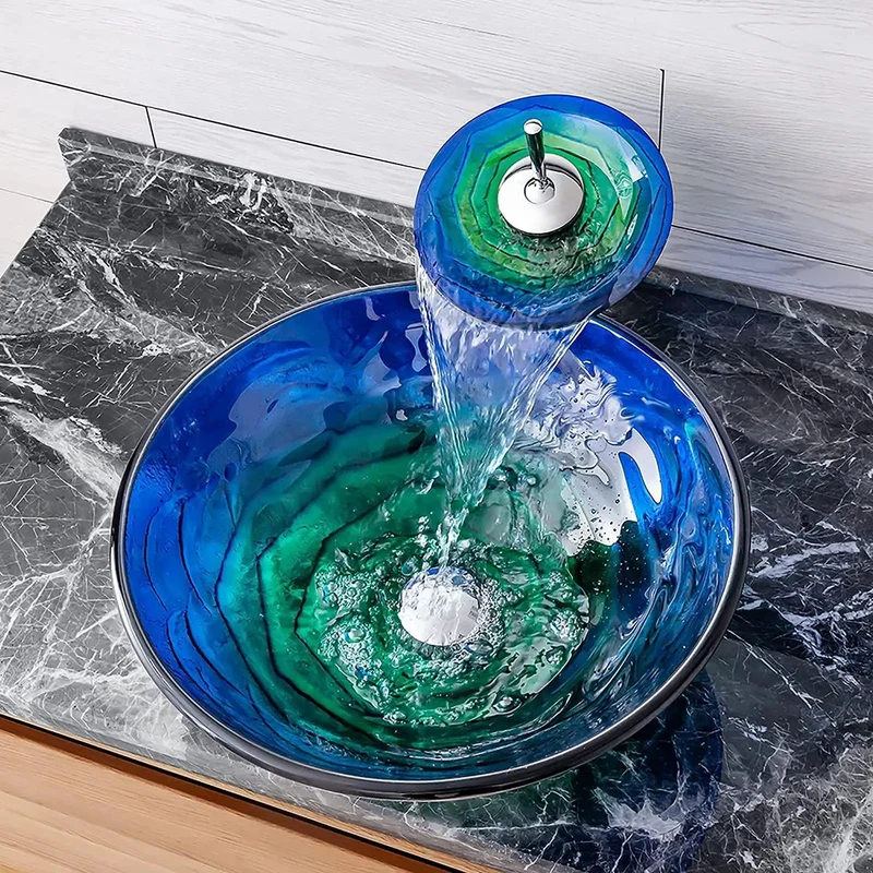 Round Heavy Duty Tempered Glass Vessel Sink With Waterfall Faucet And Pop Up Drain For Above Counter Vanity Total Bathroom Glow Up Built Tough To Handle Daily Hustle Serious Home Upgrade Staple