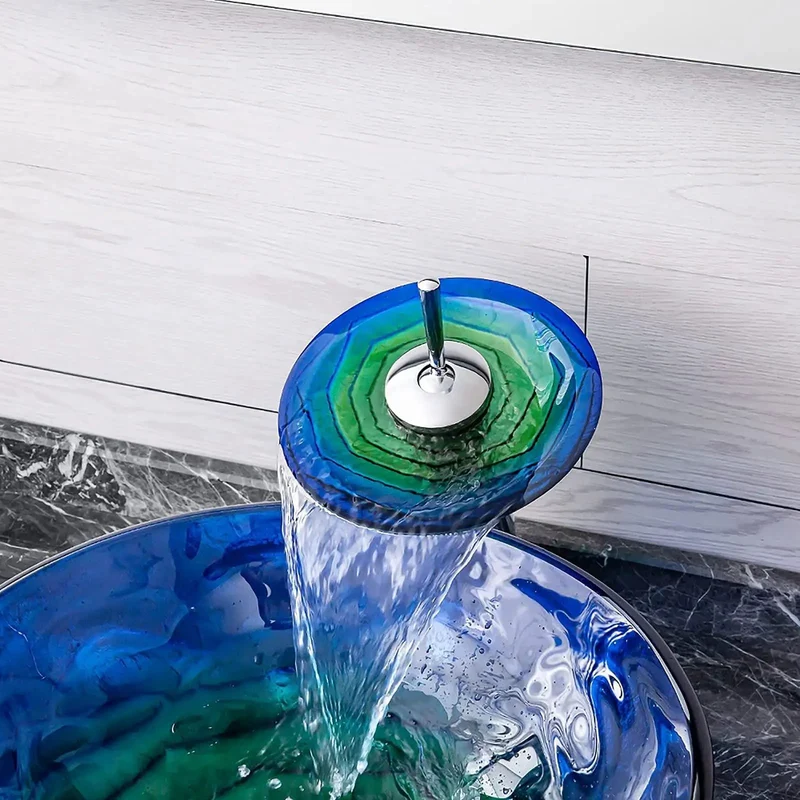 Round Heavy Duty Tempered Glass Vessel Sink With Waterfall Faucet And Pop Up Drain For Above Counter Vanity Total Bathroom Glow Up Built Tough To Handle Daily Hustle Serious Home Upgrade Staple