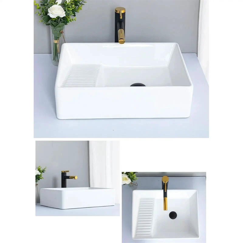Sleek Rectangular Ceramic Countertop Bathroom Vessel Sink With Brushed Nickel Faucet And Complete Plumbing Kit For A Dead Easy Install And Instant Master Bath Glow Up