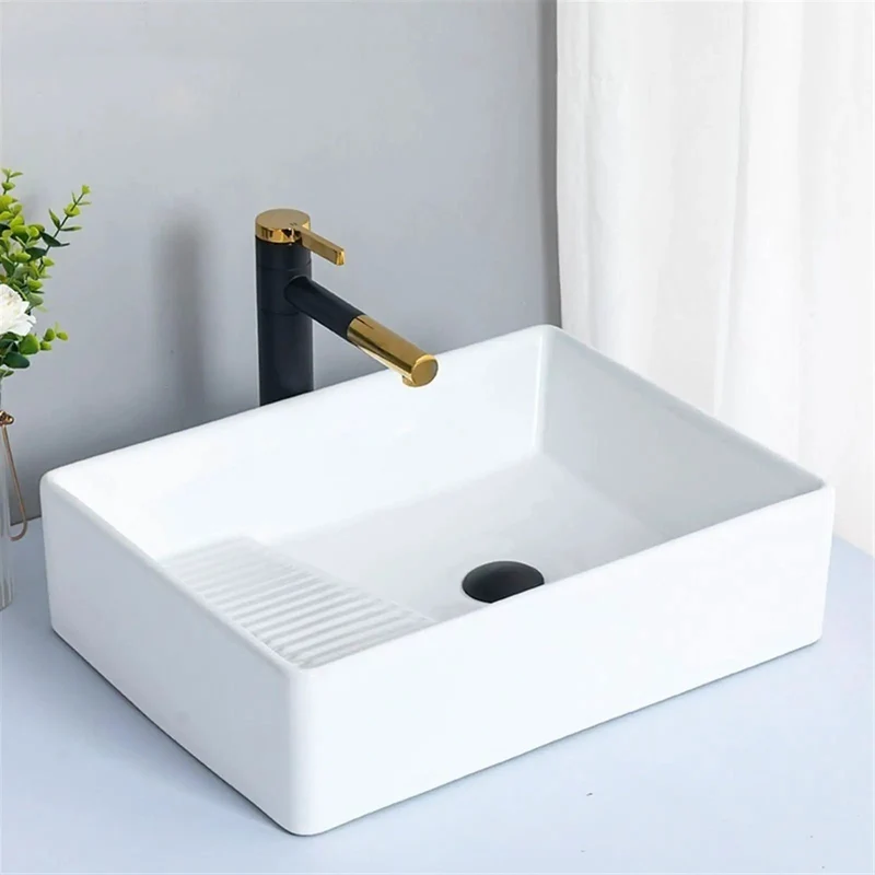 Sleek Rectangular Ceramic Countertop Bathroom Vessel Sink With Brushed Nickel Faucet And Complete Plumbing Kit For A Dead Easy Install And Instant Master Bath Glow Up