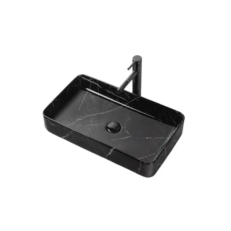Hella Sleek Black Marble Pattern Above Counter Ceramic Vessel Sink For Bathroom Vanity With A Sharp Square Cut And Slick Modern Design That Brings Badass Vintage Flair To Your Fresh Wash Setup