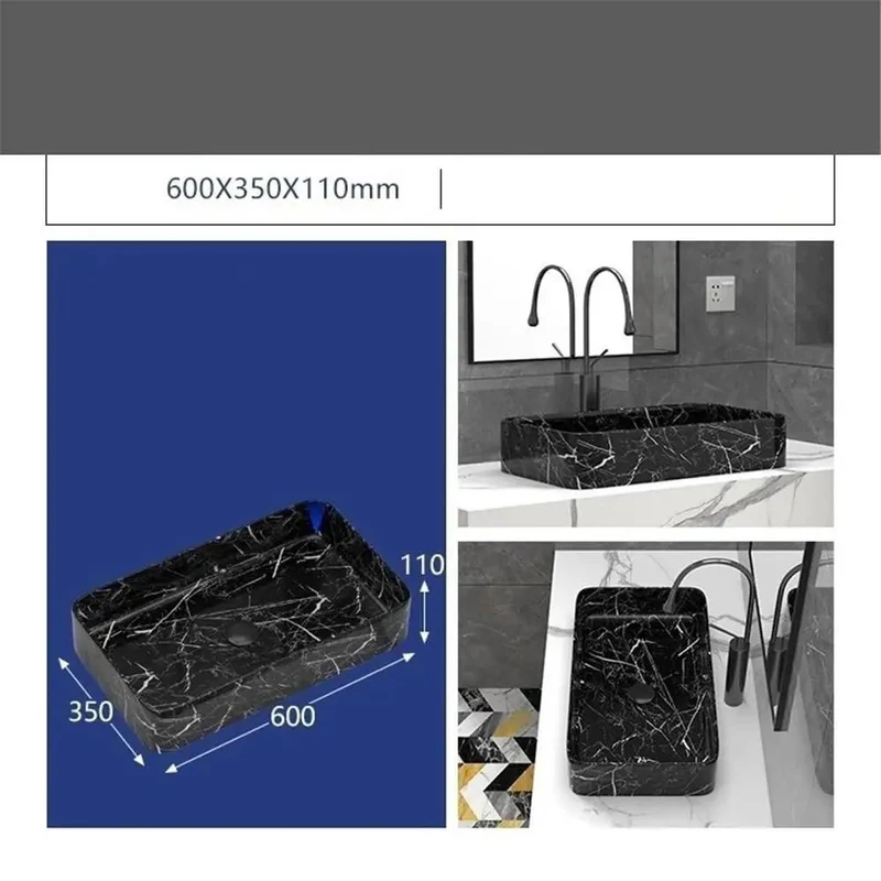 Hella Sleek Black Marble Pattern Above Counter Ceramic Vessel Sink For Bathroom Vanity With A Sharp Square Cut And Slick Modern Design That Brings Badass Vintage Flair To Your Fresh Wash Setup