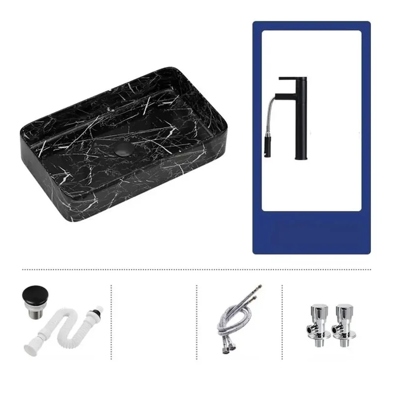 Hella Sleek Black Marble Pattern Above Counter Ceramic Vessel Sink For Bathroom Vanity With A Sharp Square Cut And Slick Modern Design That Brings Badass Vintage Flair To Your Fresh Wash Setup