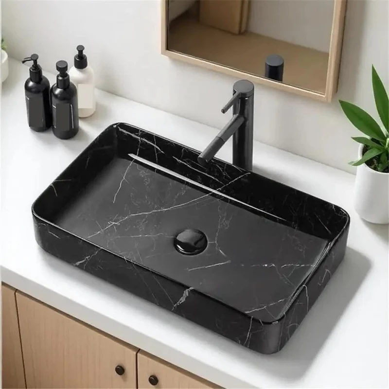 Hella Sleek Black Marble Pattern Above Counter Ceramic Vessel Sink For Bathroom Vanity With A Sharp Square Cut And Slick Modern Design That Brings Badass Vintage Flair To Your Fresh Wash Setup