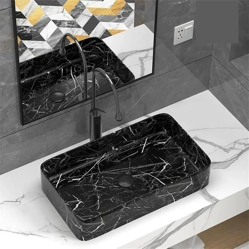 Hella Sleek Black Marble Pattern Above Counter Ceramic Vessel Sink For Bathroom Vanity With A Sharp Square Cut And Slick Modern Design That Brings Badass Vintage Flair To Your Fresh Wash Setup