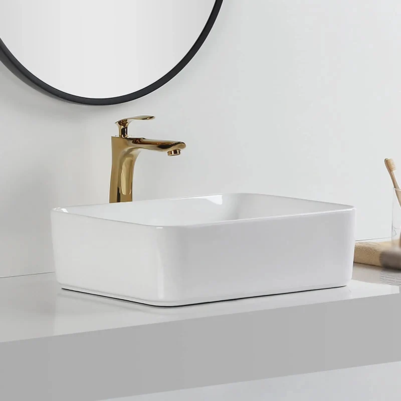 Modern Geometric Bathroom Vessel Sink In Crisp White Porcelain Rock Solid Countertop Vanity Basin With Above Counter Ease And Stain Resistant Finish That Hits Different For Your Powder Room Upgrade