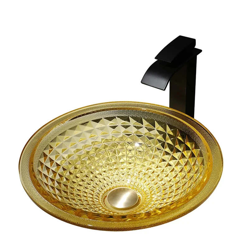 Heavy Duty Round Tempered Glass Vessel Sink For Bathroom Vanity Luxury Above Counter Art Basin With Waterfall Faucet And Pop Up Drain Slick Polish That Sings Elevate Your Home Decor Flex