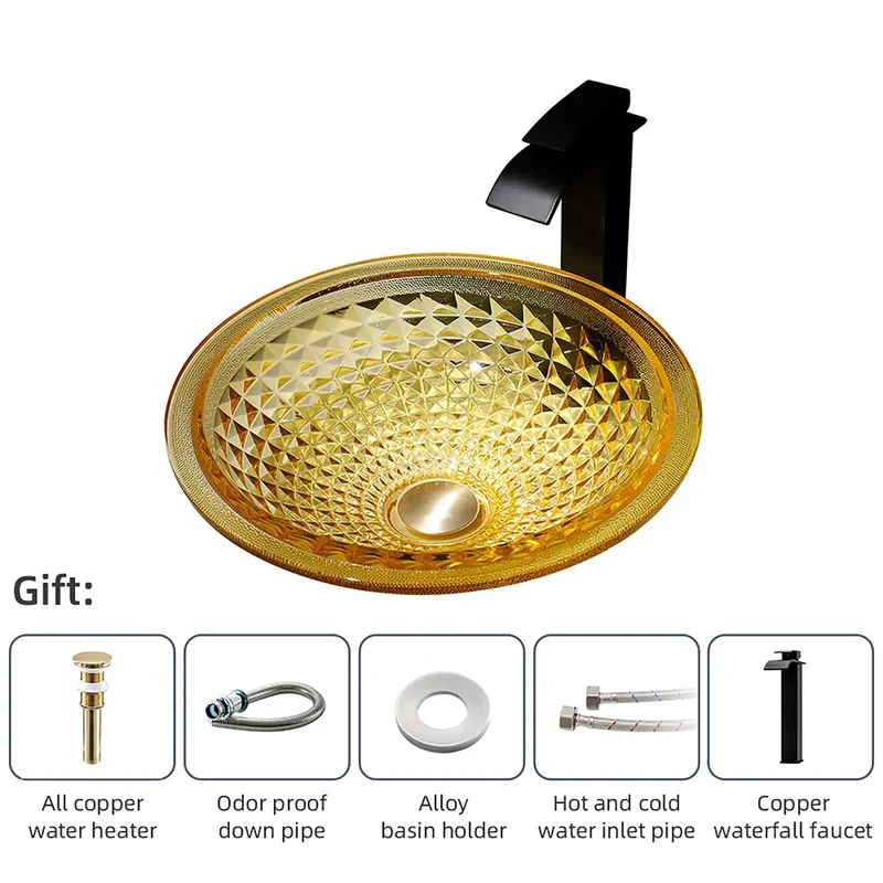 Heavy Duty Round Tempered Glass Vessel Sink For Bathroom Vanity Luxury Above Counter Art Basin With Waterfall Faucet And Pop Up Drain Slick Polish That Sings Elevate Your Home Decor Flex