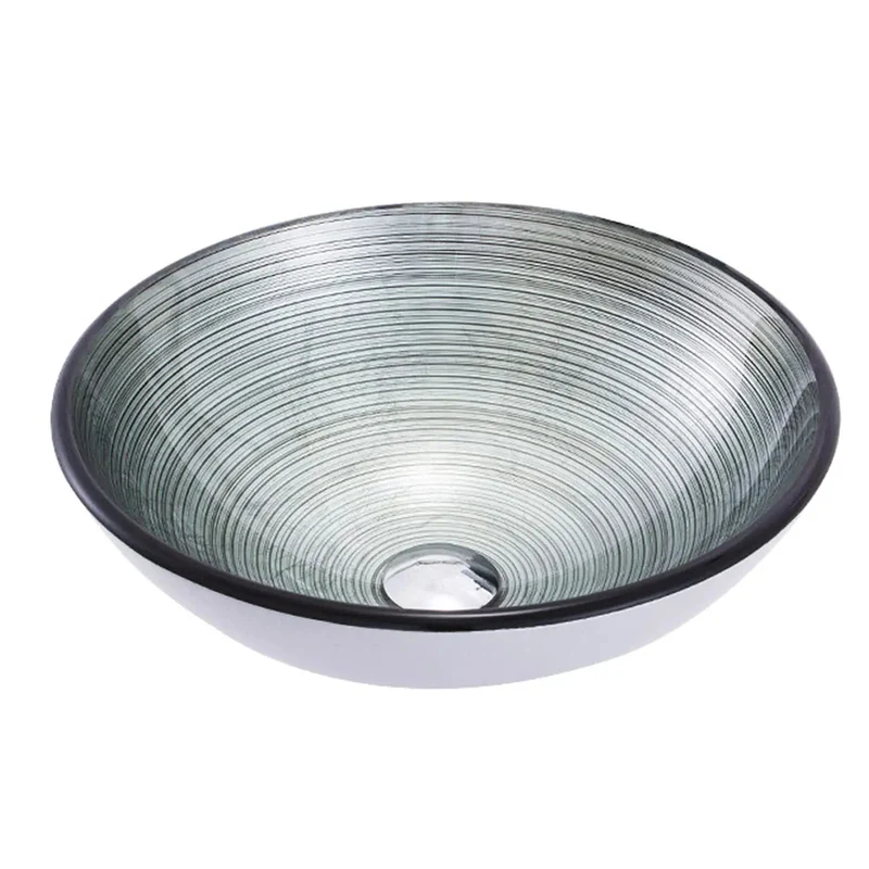 Slick Tempered Glass Vessel Sink With Fly Spiral Pattern And Waterfall Faucet Offers Round Shape Toughened Durability Scratch Proof Surface Easy Wiping Care And Includes Pop Up Drain For A Total Bathroom Glow Up