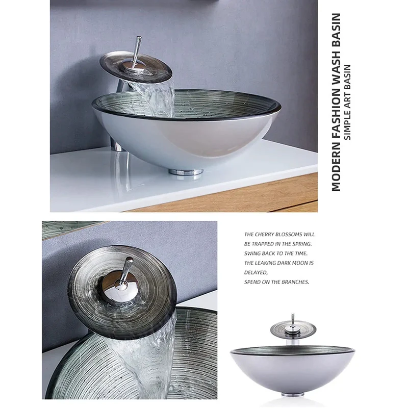 Slick Tempered Glass Vessel Sink With Fly Spiral Pattern And Waterfall Faucet Offers Round Shape Toughened Durability Scratch Proof Surface Easy Wiping Care And Includes Pop Up Drain For A Total Bathroom Glow Up