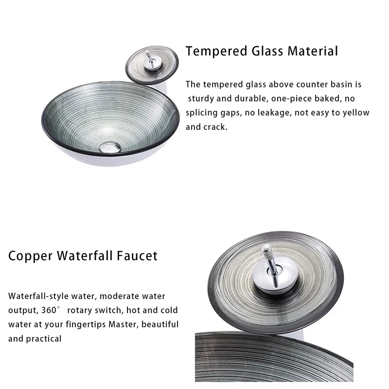 Slick Tempered Glass Vessel Sink With Fly Spiral Pattern And Waterfall Faucet Offers Round Shape Toughened Durability Scratch Proof Surface Easy Wiping Care And Includes Pop Up Drain For A Total Bathroom Glow Up