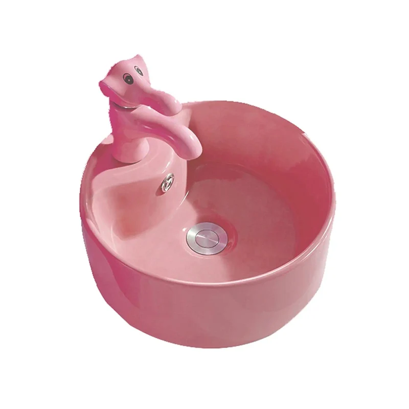 Super Trendy Round Ceramic Vessel Sink For Kids With Playful Animal Faucet Set Kid Approved Glazed Basin Featuring Soothing Flow And Built In Overflow For Zero Stress Bathroom Makeovers