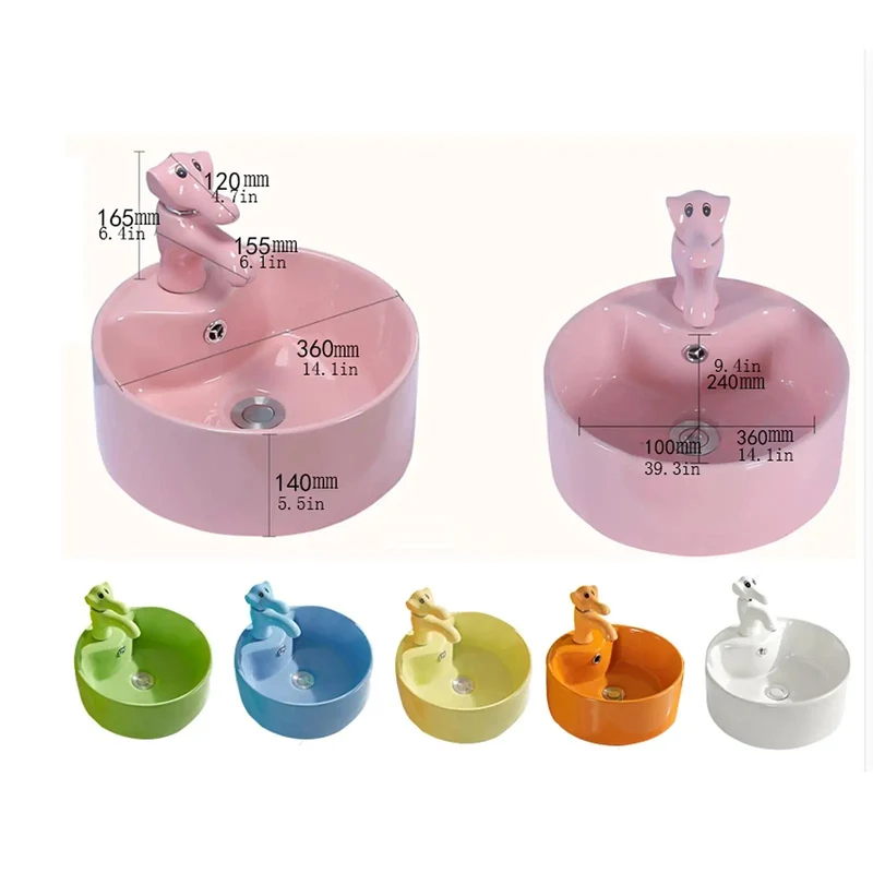 Super Trendy Round Ceramic Vessel Sink For Kids With Playful Animal Faucet Set Kid Approved Glazed Basin Featuring Soothing Flow And Built In Overflow For Zero Stress Bathroom Makeovers