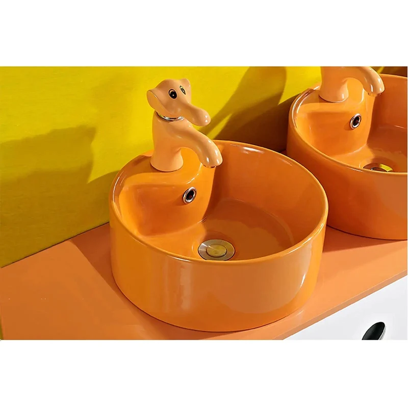 Super Trendy Round Ceramic Vessel Sink For Kids With Playful Animal Faucet Set Kid Approved Glazed Basin Featuring Soothing Flow And Built In Overflow For Zero Stress Bathroom Makeovers