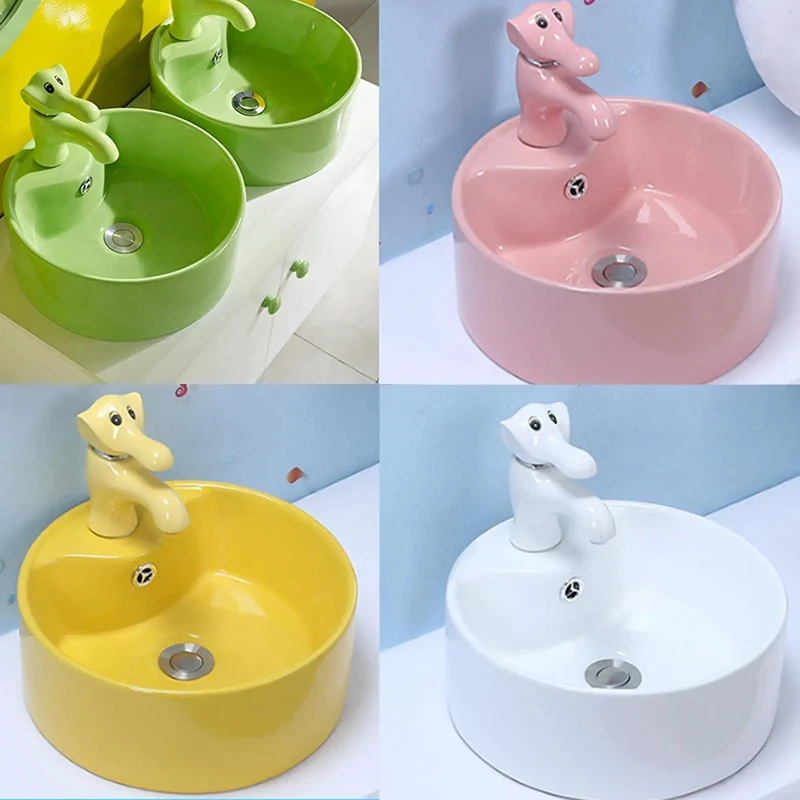 Super Trendy Round Ceramic Vessel Sink For Kids With Playful Animal Faucet Set Kid Approved Glazed Basin Featuring Soothing Flow And Built In Overflow For Zero Stress Bathroom Makeovers