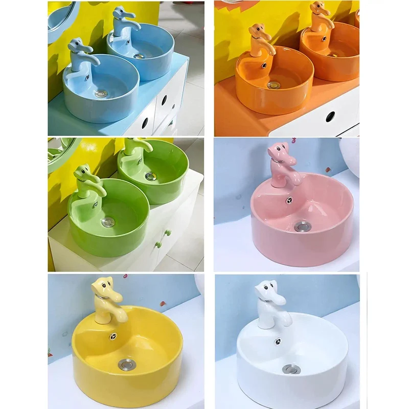 Super Trendy Round Ceramic Vessel Sink For Kids With Playful Animal Faucet Set Kid Approved Glazed Basin Featuring Soothing Flow And Built In Overflow For Zero Stress Bathroom Makeovers