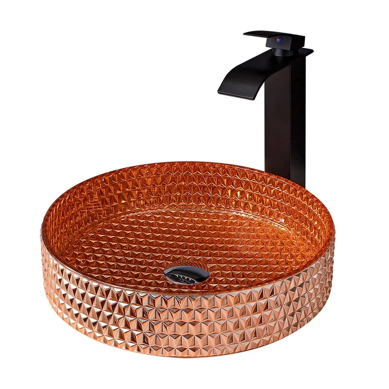 Top Tier Glass Vessel Sink With Smooth Waterfall Faucet And No Sweat Pop Up Drain For Sleek Countertop Vanity Strong Crystal Bowl Above Counter Washbasin Rich Gold Finish