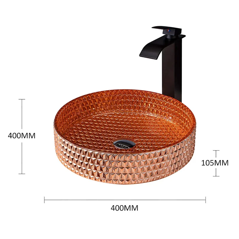 Top Tier Glass Vessel Sink With Smooth Waterfall Faucet And No Sweat Pop Up Drain For Sleek Countertop Vanity Strong Crystal Bowl Above Counter Washbasin Rich Gold Finish