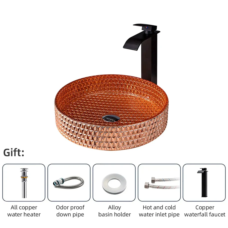 Top Tier Glass Vessel Sink With Smooth Waterfall Faucet And No Sweat Pop Up Drain For Sleek Countertop Vanity Strong Crystal Bowl Above Counter Washbasin Rich Gold Finish