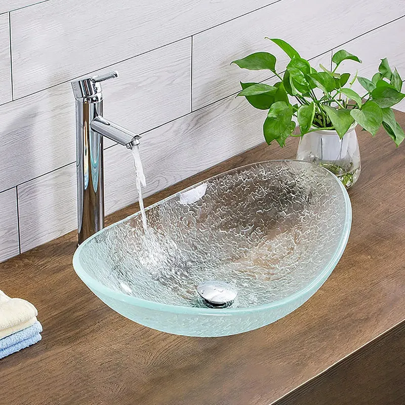 Slick Modern Bathroom Vessel Sink Clear Tempered Glass Countertop Basin Oval Transparent Vanity Washbasin Top Shelf Craftsmanship Real Deal Durability And Dope Clean Lines For Updated Baths