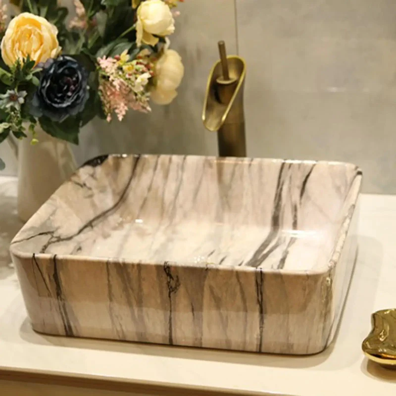 No Fuss Rectangular Ceramic Vessel Sink With Slick Marble Pattern Above Counter Bathroom Vanity Bowl Includes Faucet And Drain Top Shelf Wash Basin For Modern Homes