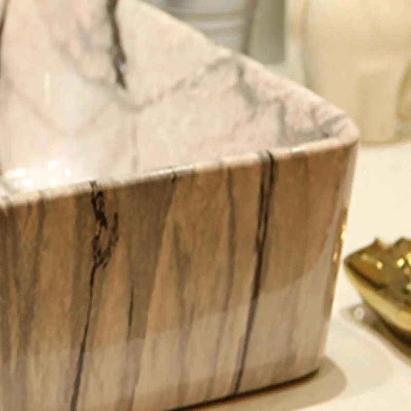 No Fuss Rectangular Ceramic Vessel Sink With Slick Marble Pattern Above Counter Bathroom Vanity Bowl Includes Faucet And Drain Top Shelf Wash Basin For Modern Homes
