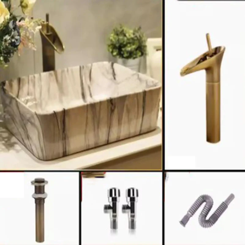 No Fuss Rectangular Ceramic Vessel Sink With Slick Marble Pattern Above Counter Bathroom Vanity Bowl Includes Faucet And Drain Top Shelf Wash Basin For Modern Homes