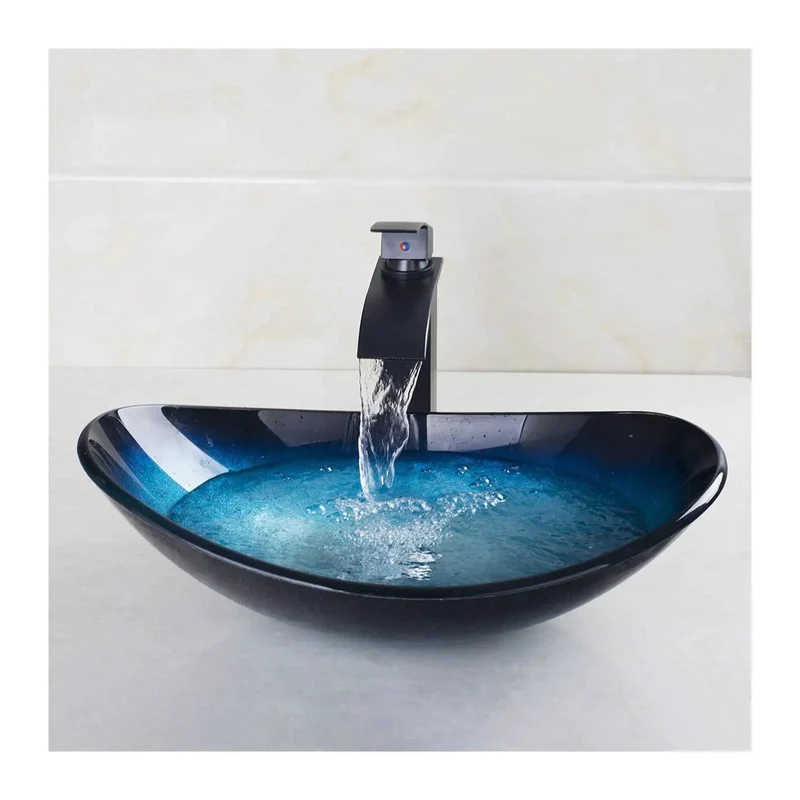 Badass Blue Tempered Glass Vessel Sink For Above Counter Install With Super Smooth Glossy Finish And Top Tier Pop Up Drain For Your Dream Bathroom Vanity Setup