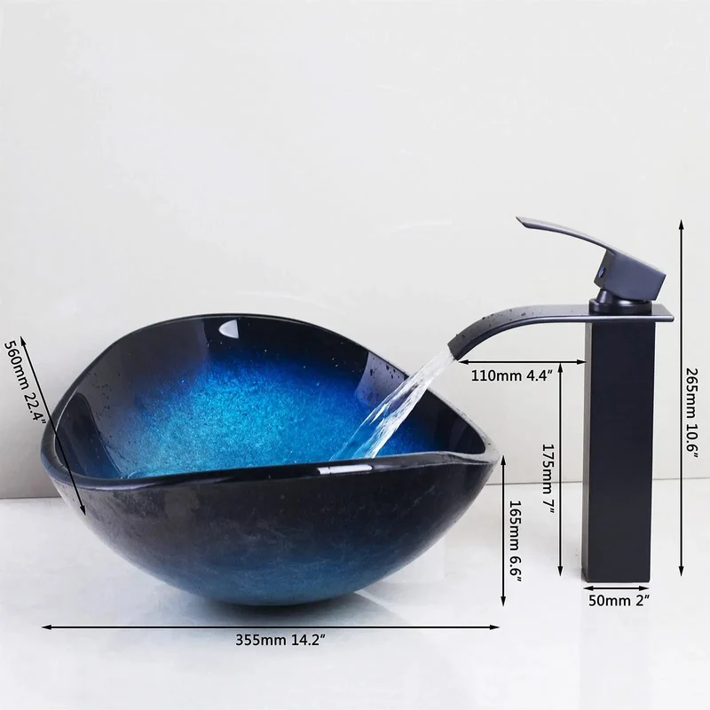 Badass Blue Tempered Glass Vessel Sink For Above Counter Install With Super Smooth Glossy Finish And Top Tier Pop Up Drain For Your Dream Bathroom Vanity Setup