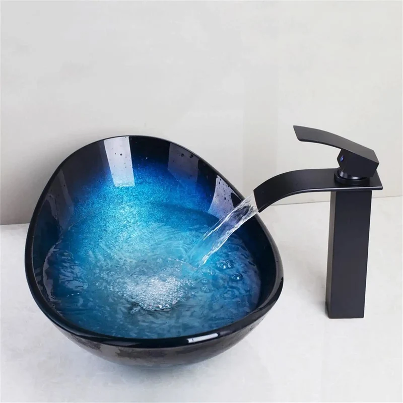 Badass Blue Tempered Glass Vessel Sink For Above Counter Install With Super Smooth Glossy Finish And Top Tier Pop Up Drain For Your Dream Bathroom Vanity Setup