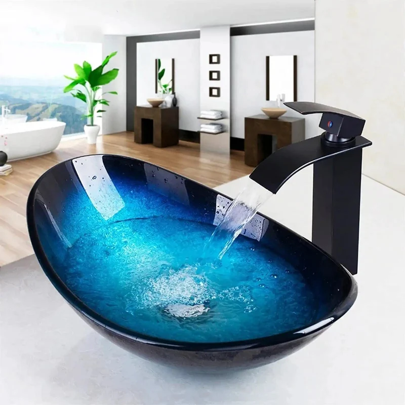 Badass Blue Tempered Glass Vessel Sink For Above Counter Install With Super Smooth Glossy Finish And Top Tier Pop Up Drain For Your Dream Bathroom Vanity Setup