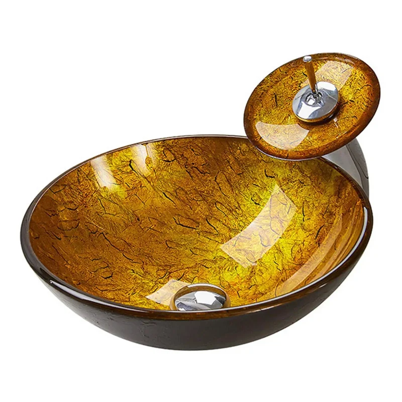 Yellow Tempered Glass Bathroom Vessel Sink Round Art Basin With Waterfall Faucet And Pop Up Drain Countertop Mount 16.5 Inch Hella Durable Sleek Modern Design For Your Home Glow Up Top Shelf Quality And Super Swanky Finish That Slays Style