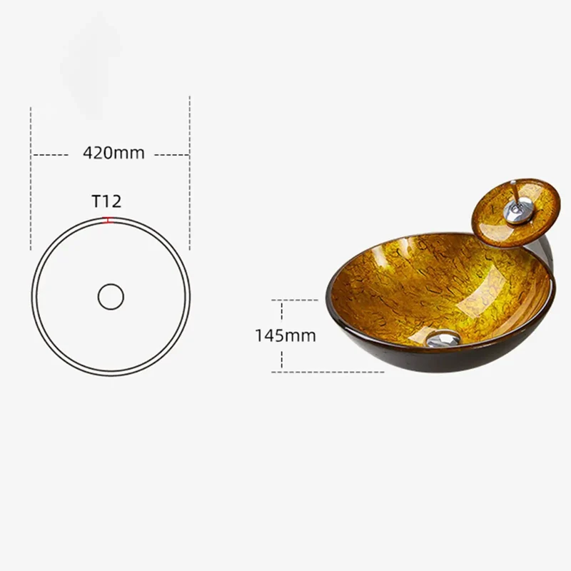 Yellow Tempered Glass Bathroom Vessel Sink Round Art Basin With Waterfall Faucet And Pop Up Drain Countertop Mount 16.5 Inch Hella Durable Sleek Modern Design For Your Home Glow Up Top Shelf Quality And Super Swanky Finish That Slays Style
