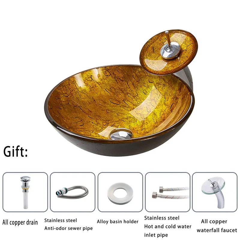 Yellow Tempered Glass Bathroom Vessel Sink Round Art Basin With Waterfall Faucet And Pop Up Drain Countertop Mount 16.5 Inch Hella Durable Sleek Modern Design For Your Home Glow Up Top Shelf Quality And Super Swanky Finish That Slays Style